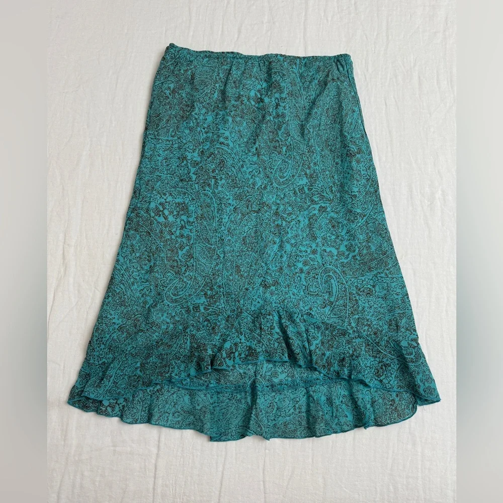 Vintage Y2K 90’s Asymmetrical Ruffle Hem Lapis Blue Floral Print Skirt Size M